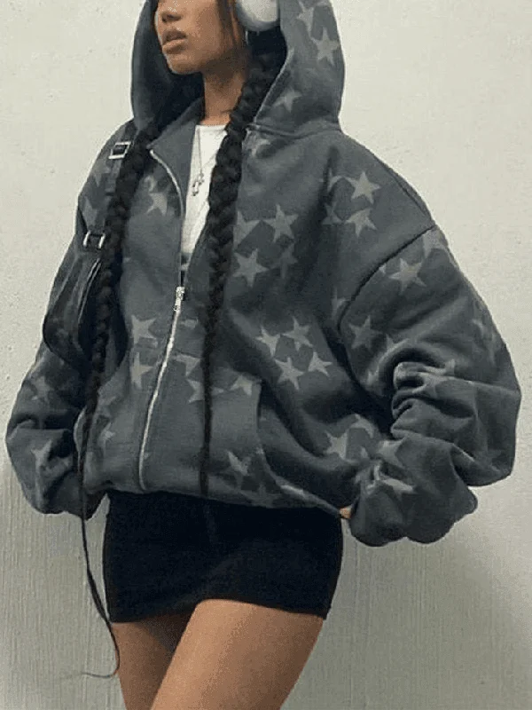 Oversized Star Print Zip Up Hoodie