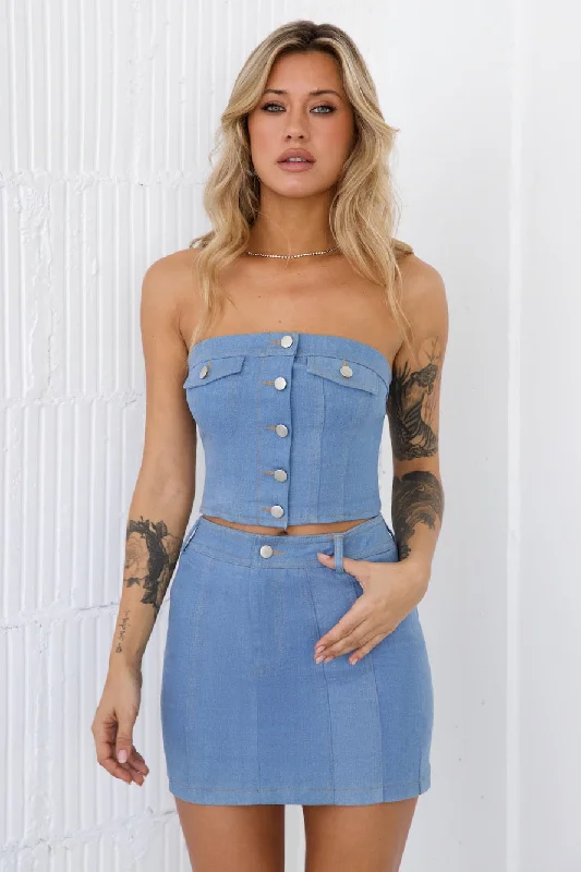 Paid Attendance Denim Crop Top Light Denim