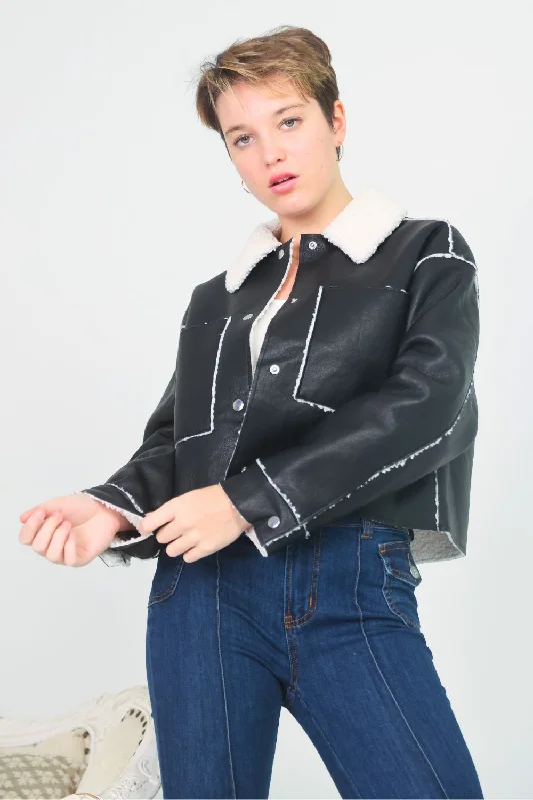 Petite Double-Faced Faux Leather Crop Jacket (Black)