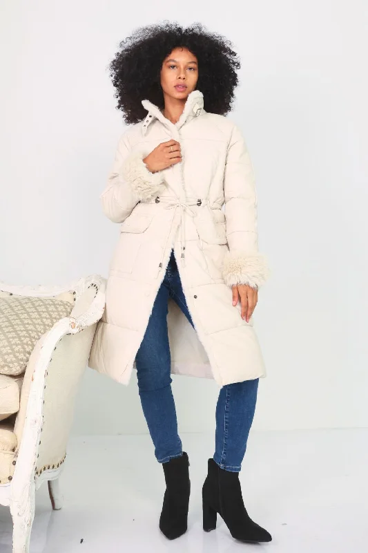 Petite Faux Leather Long Puffer Coat with Faux Fur Cuff (Cream)