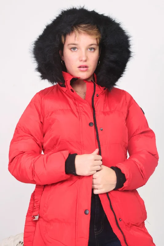 Petite Belted Puffer Jacket (Red)