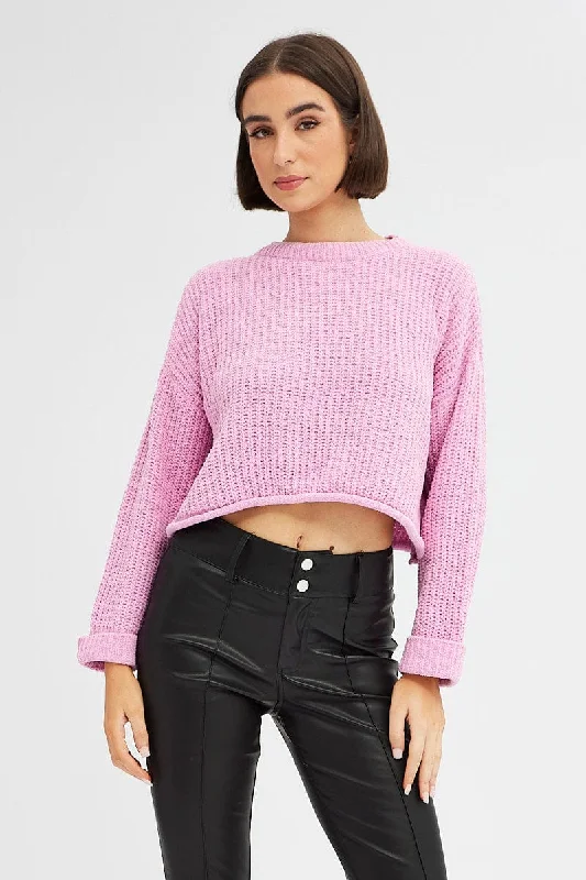 Pink Knit Top Long Sleeve Crop Relaxed