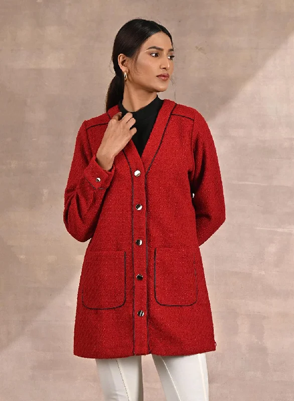 Red Long Sleeve Textured Jacket with Metallic Buttons