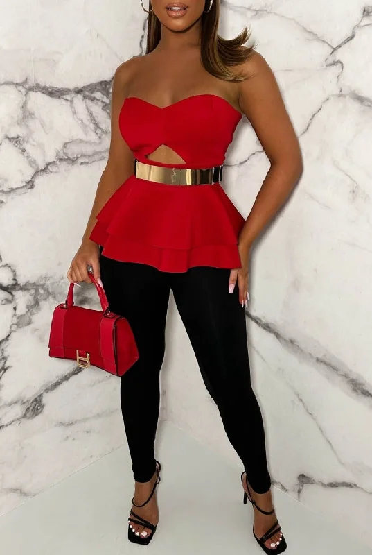 Romantic Chic Red Cut Out Peplum Scuba Top