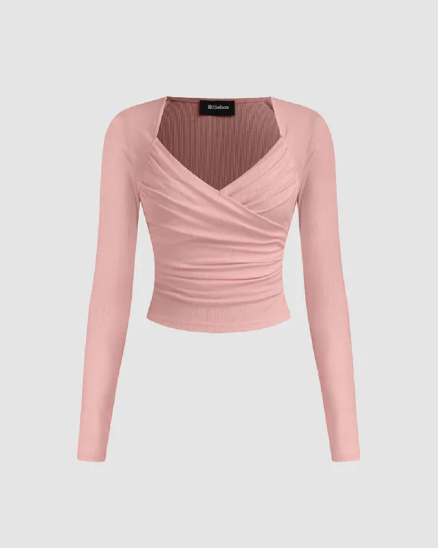 Solid Ribbed V-Neck Full Sleeves Wrap Top In Dusty Pink