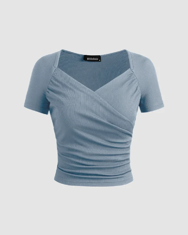 Solid Ribbed V-Neck Short Sleeves Wrap Top In Dusty Blue