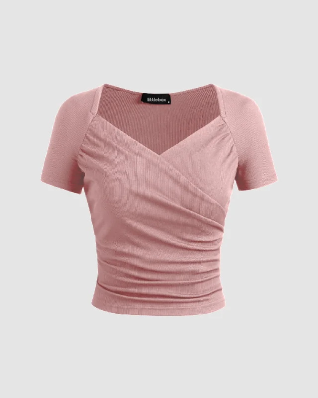 Solid Ribbed V-Neck Short Sleeves Wrap Top In Dusty Pink