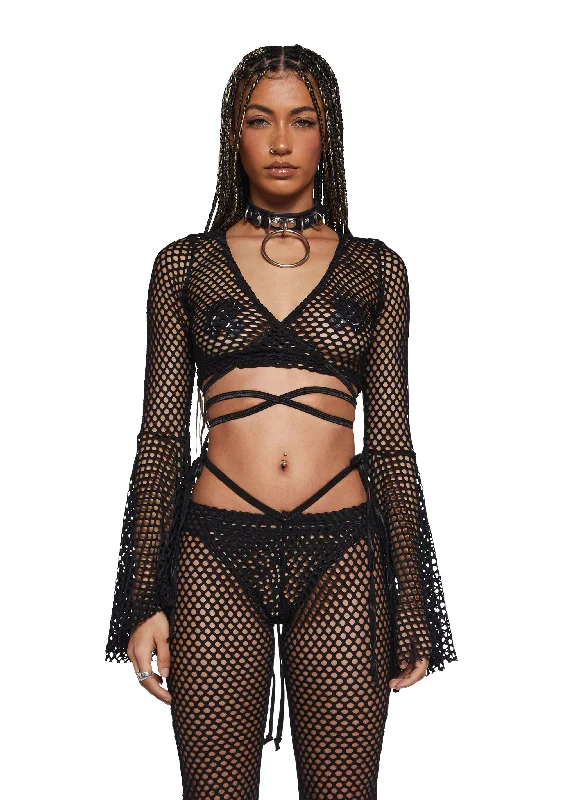 Techno Fantasy Fishnet Wrap Top - Black