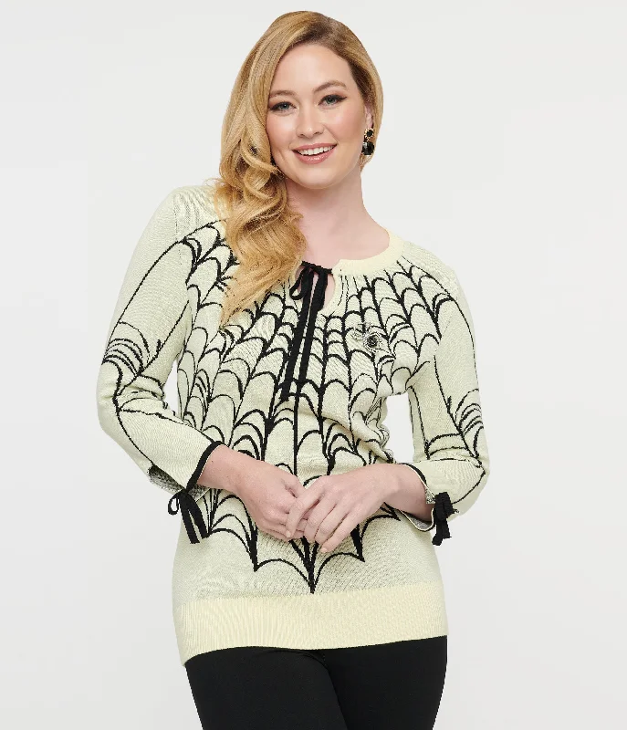 Unique Vintage Cream & Black Spiderweb Keyhole Sweater