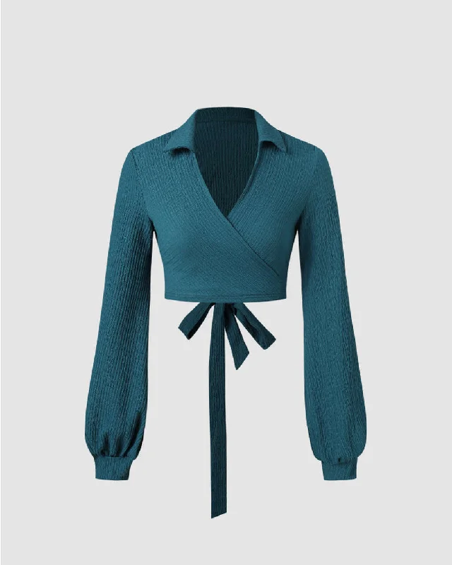 V-Neck Collar Wrap Top with Waist Tie-Up In Teal Blue