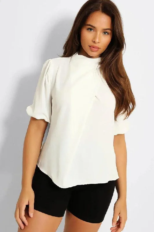 white-high-neck-front-pleat-top