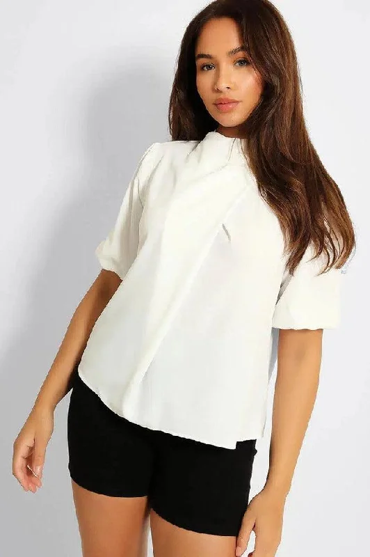 white-high-neck-front-pleat-top