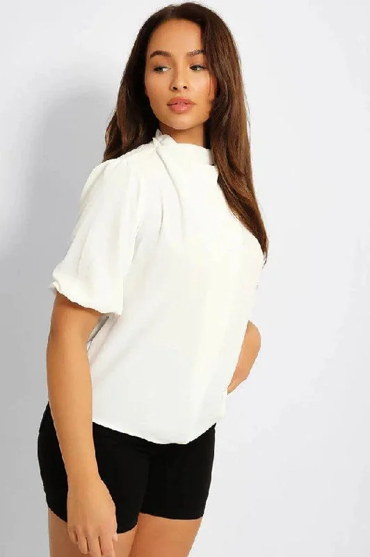 white-high-neck-front-pleat-top