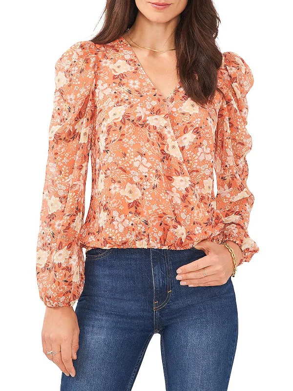 Womens Floral Blouson Wrap Top