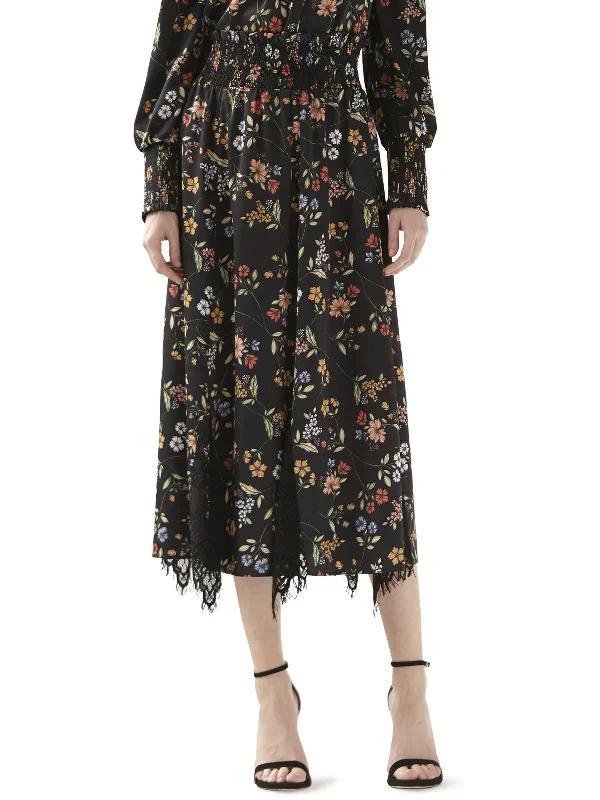 Womens Satin Floral Midi Skirt